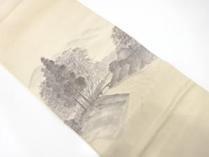 アンティーク　手描き　田舎風景模様袋帯（材料）